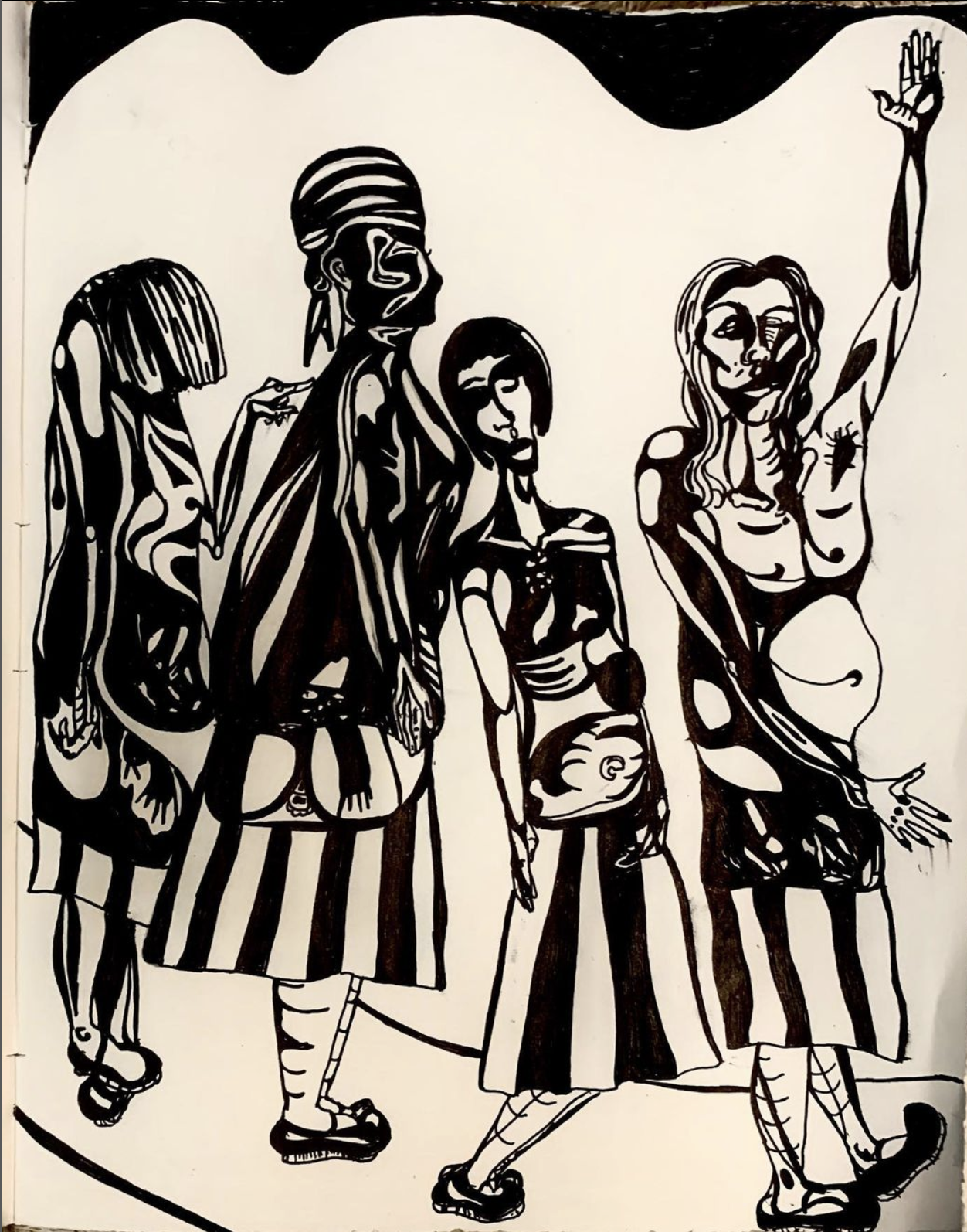 black and whtie ink drawing abstract of people