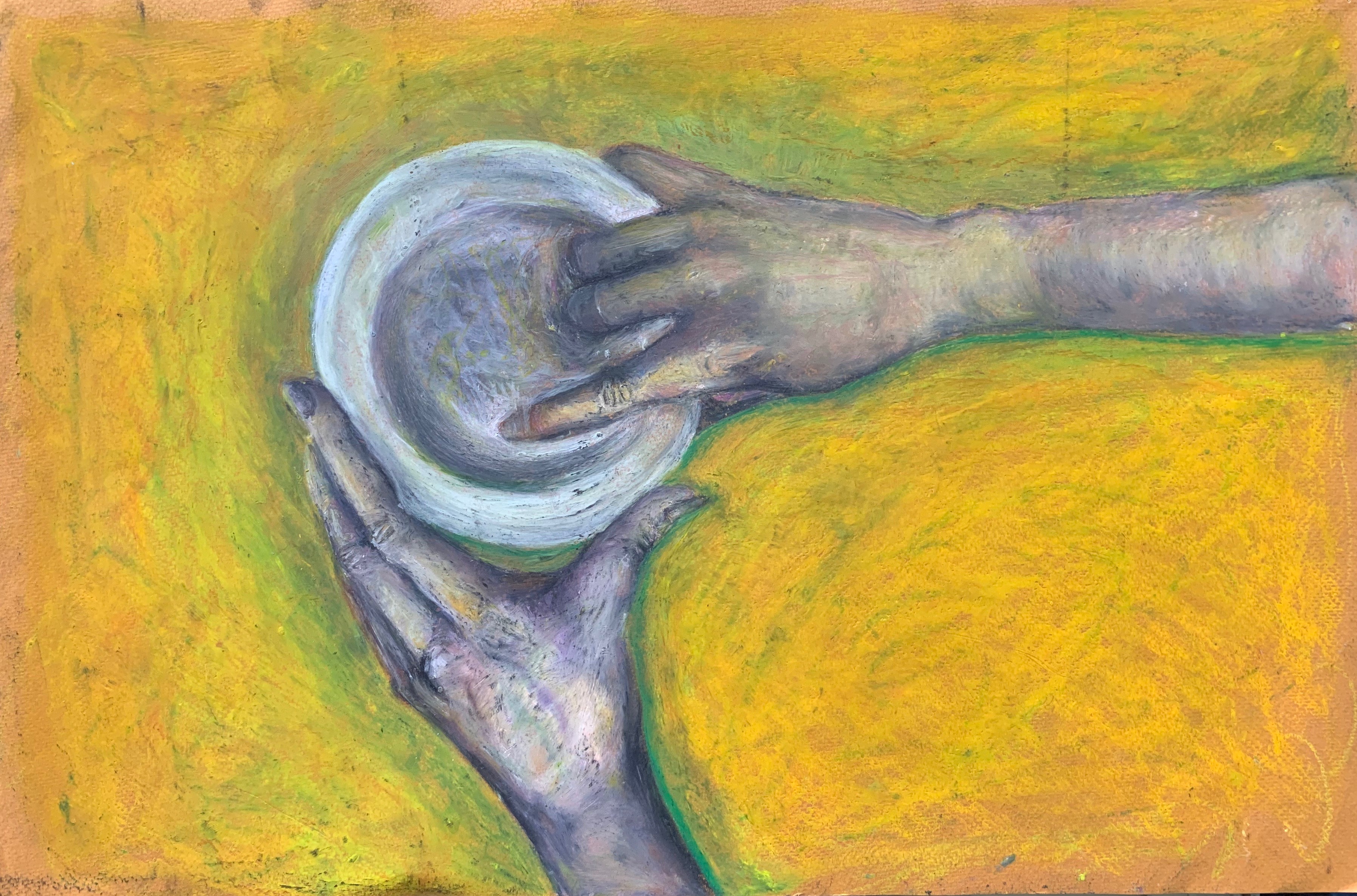 oil pastel drawing of hands and bowl