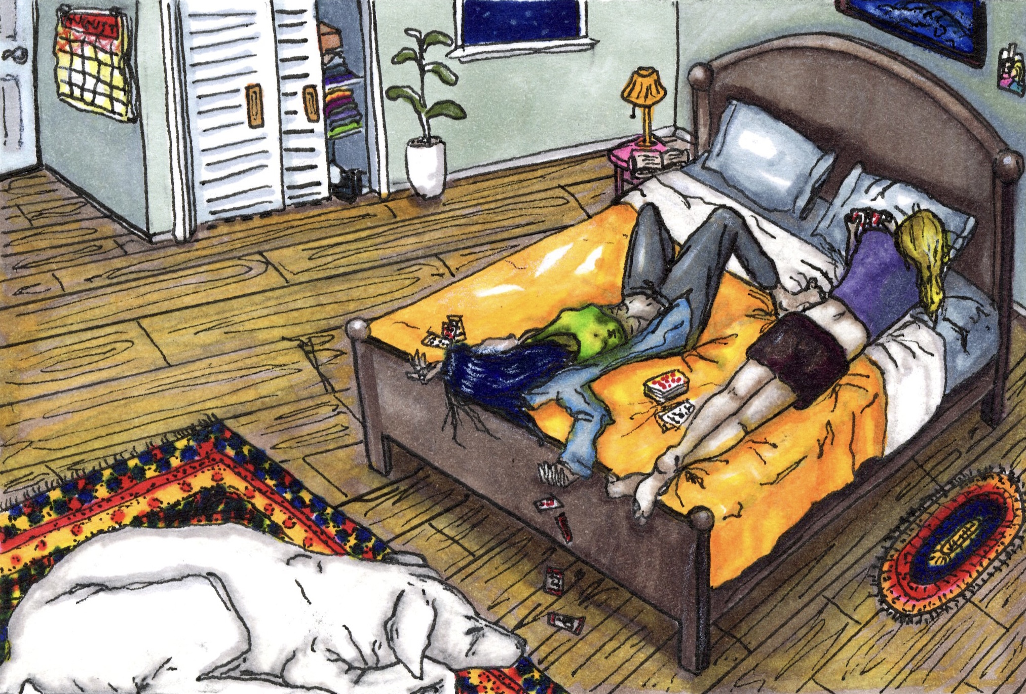 marker drawing of girls laying on bed and dog on floor