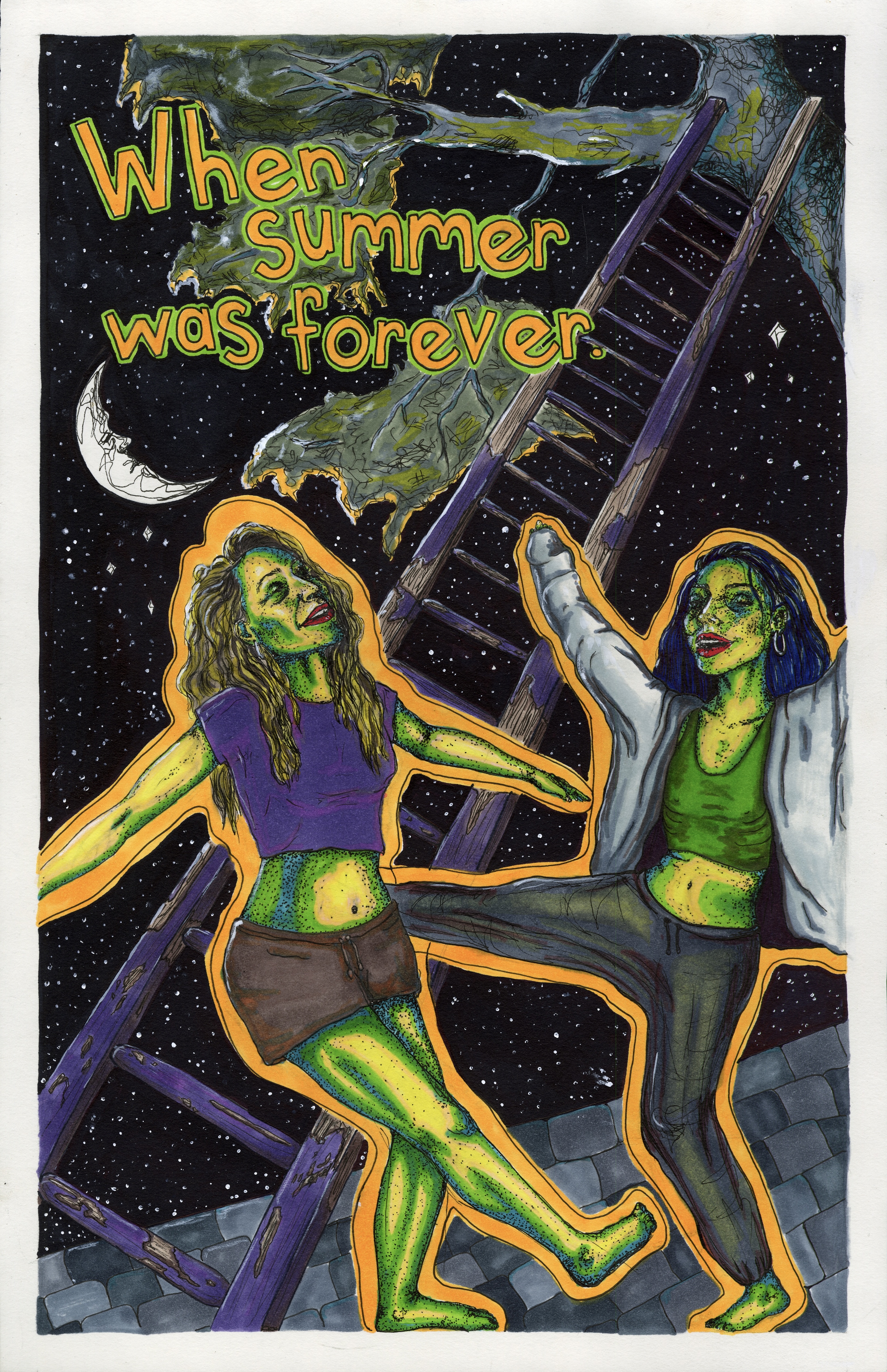 cover of comic, when summer was forever title, two girls, latter , dancing on roof, moon and stars, tree.