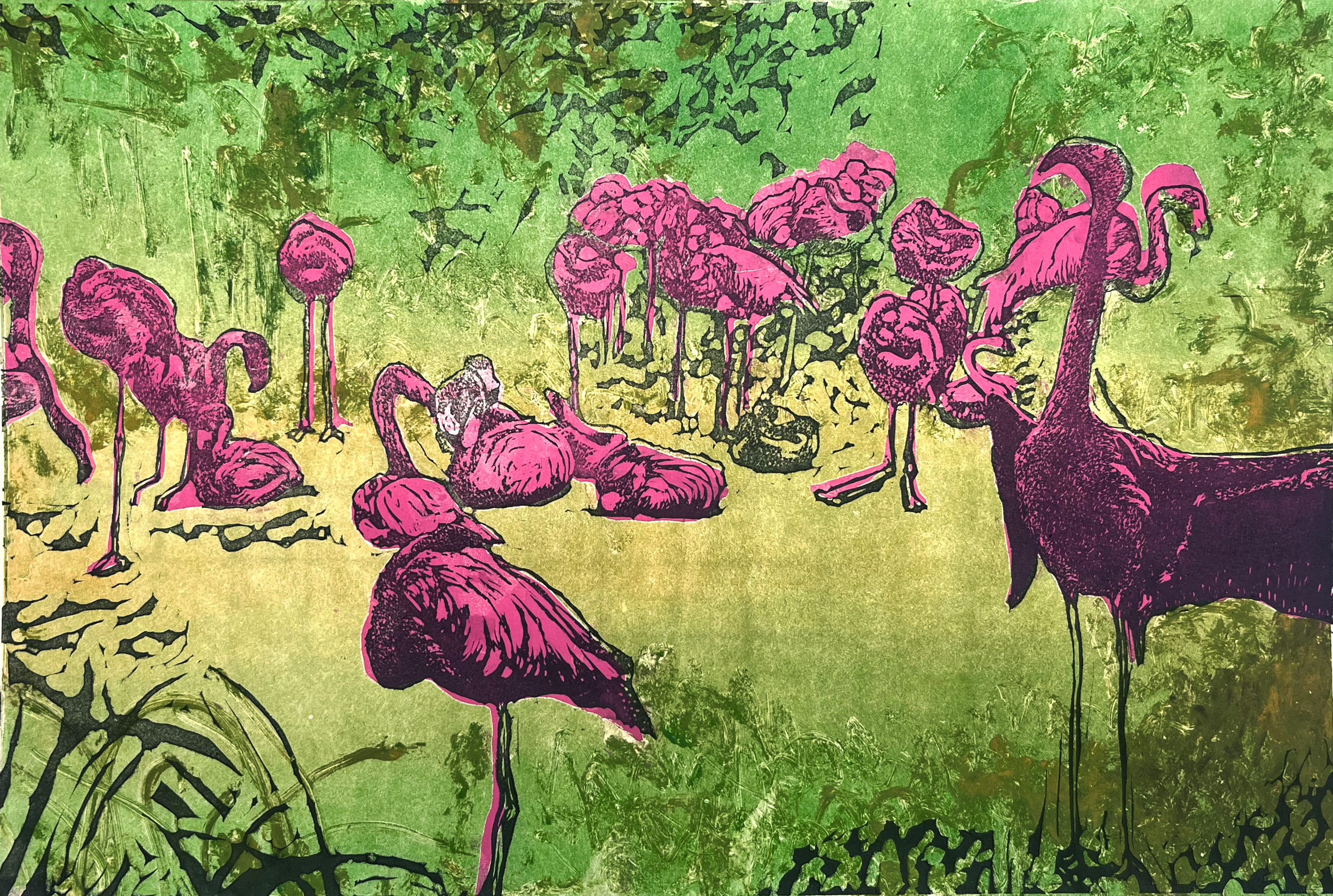  print of flamingo flock, pink, green, black