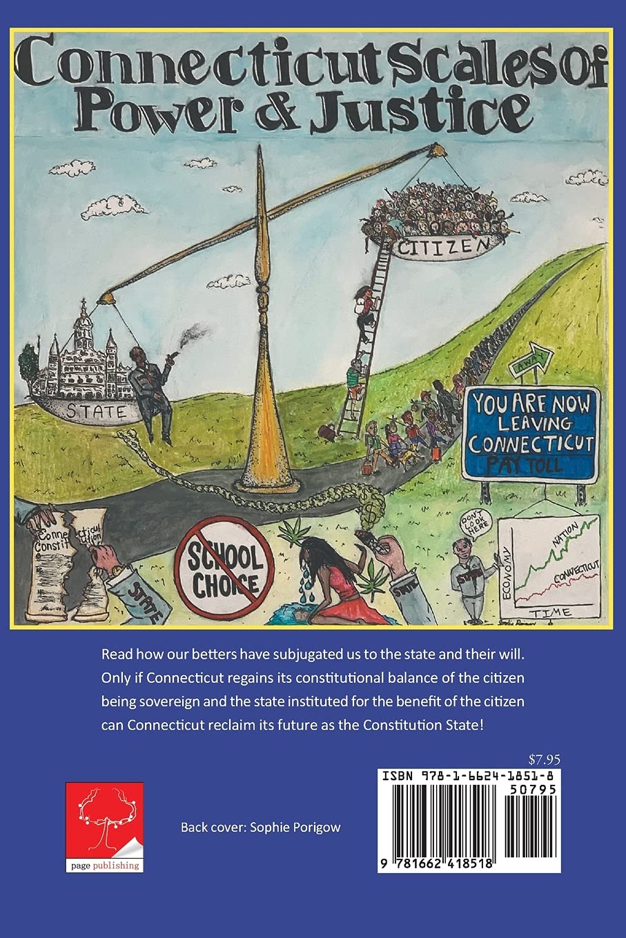 back of book, Connecticut scales of power & justice title, drawing of scale of citizens on one side and state on other, people leaving connecticut