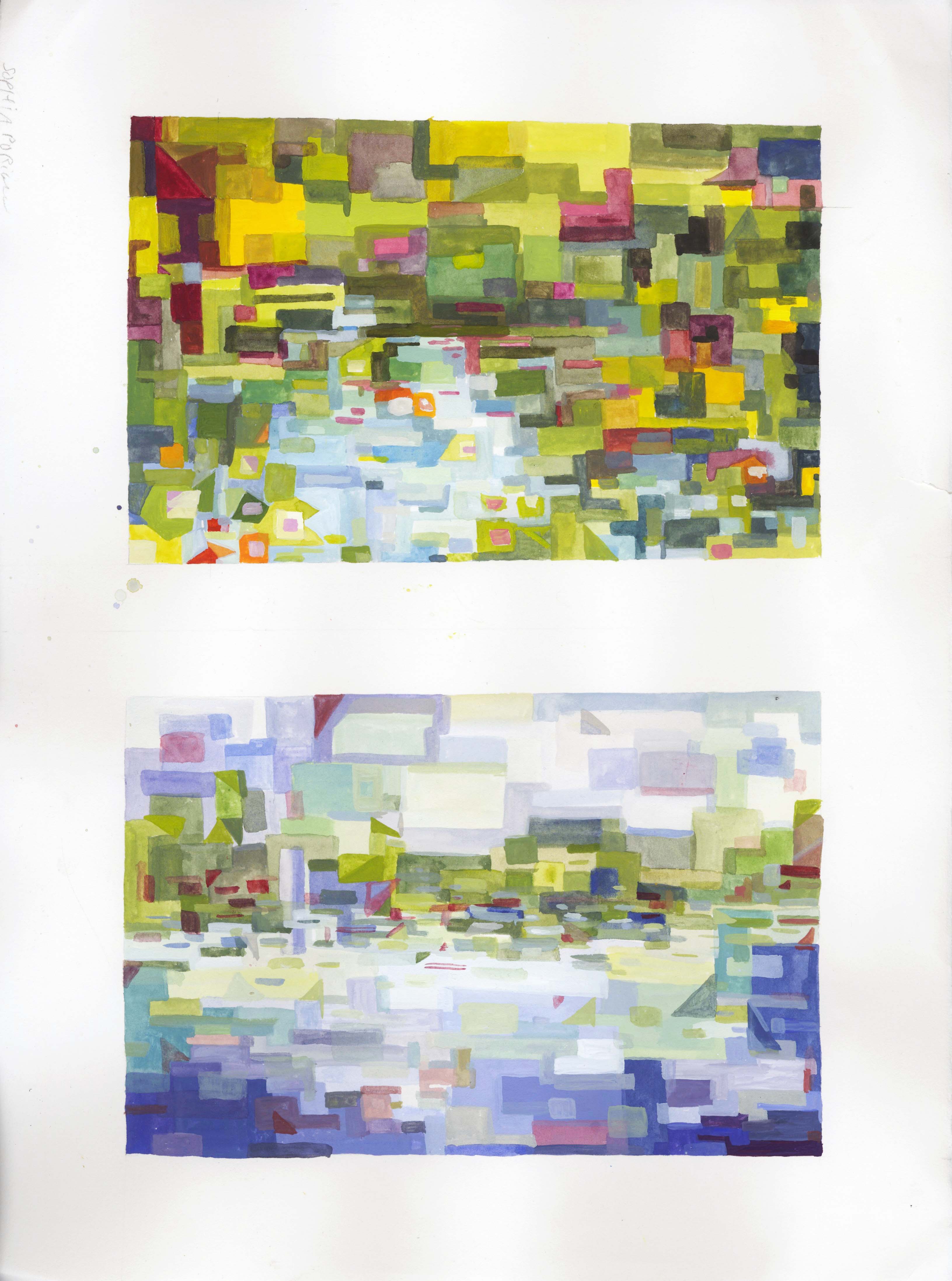 watercolor paintings of lakes made out of only geometric shapes and squares. summer on top, winter on bottom