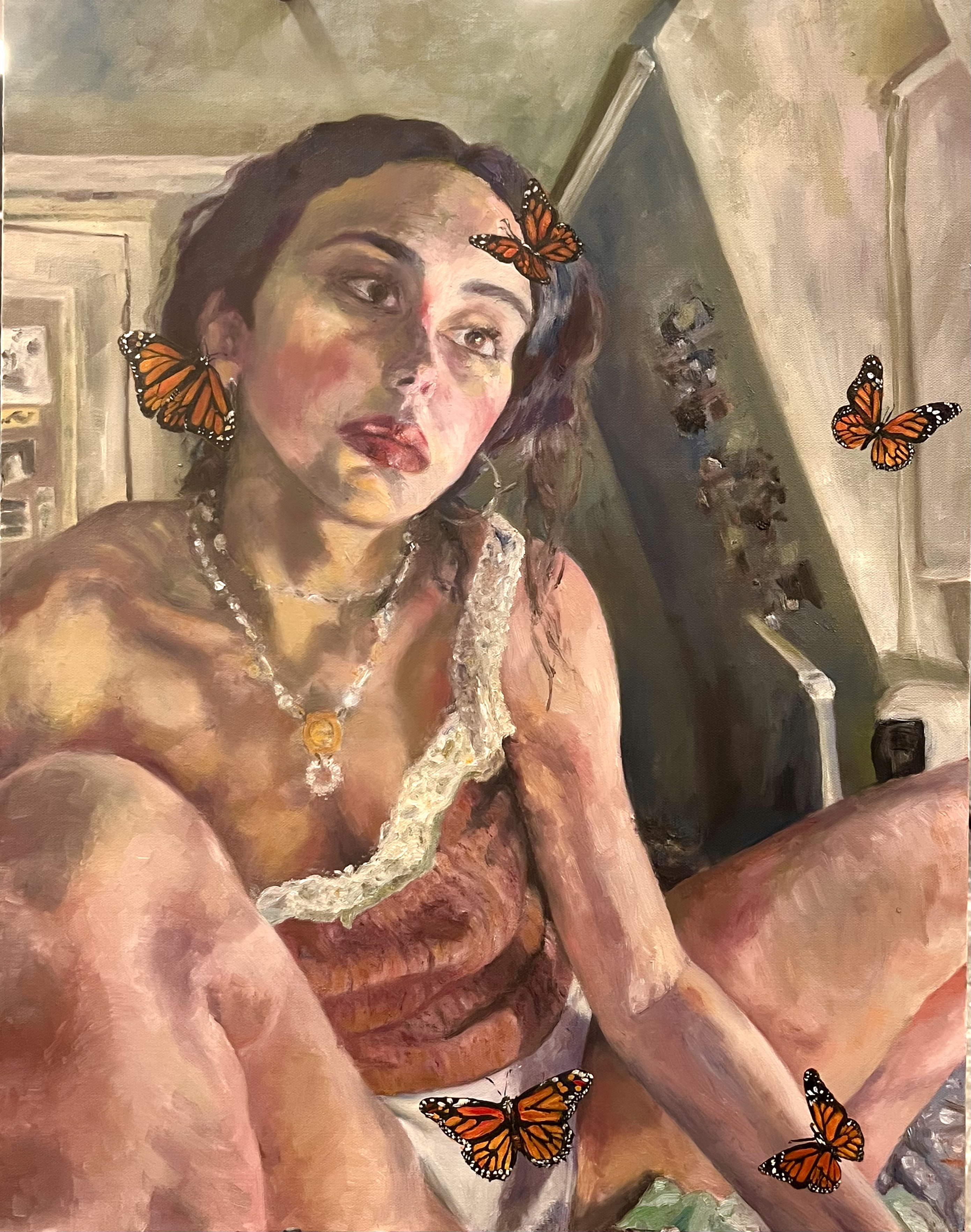 painting of woman and butterflies