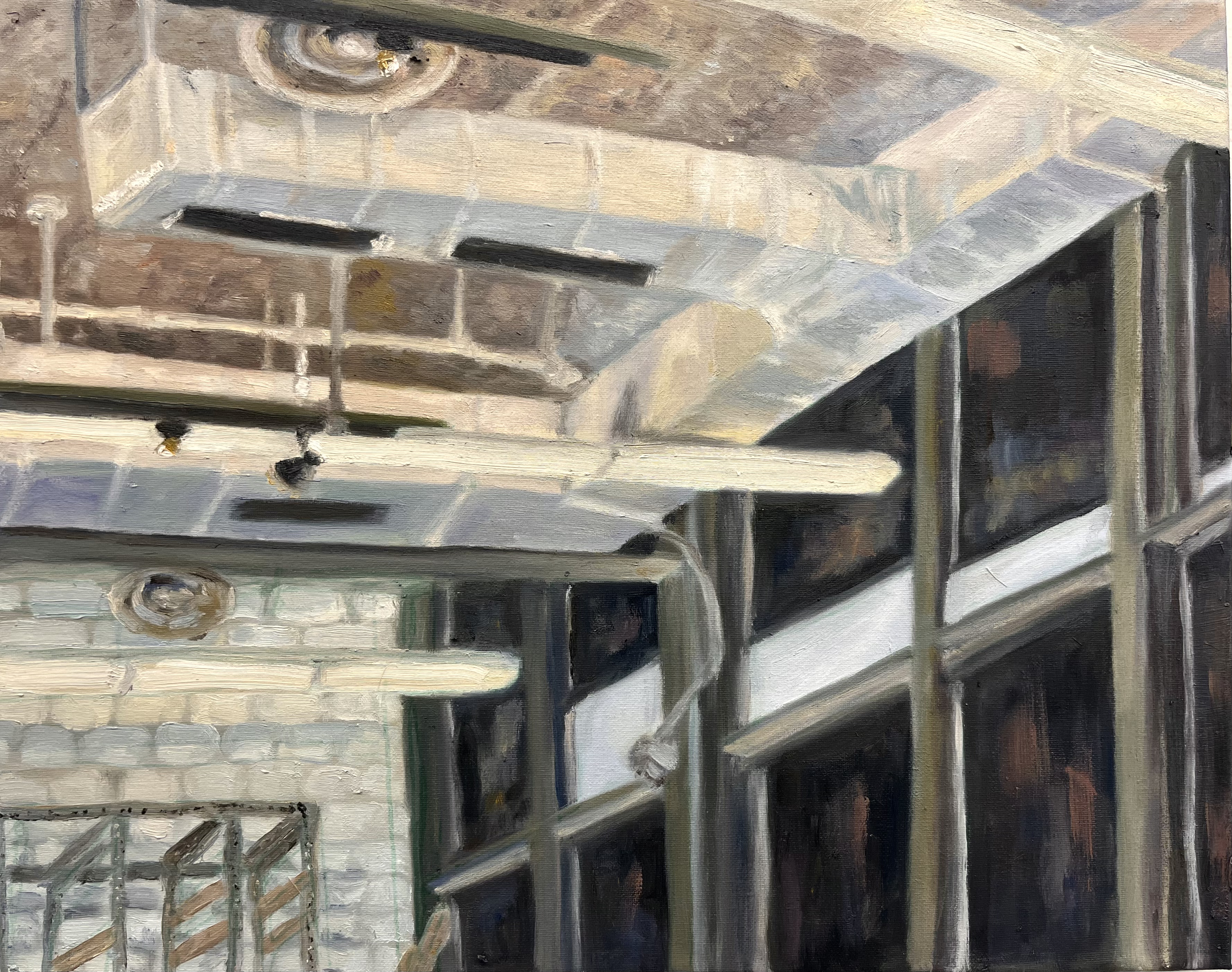 tonal painting of white classroom cieling and ducts, windows, windowshades, ceiling long lights.