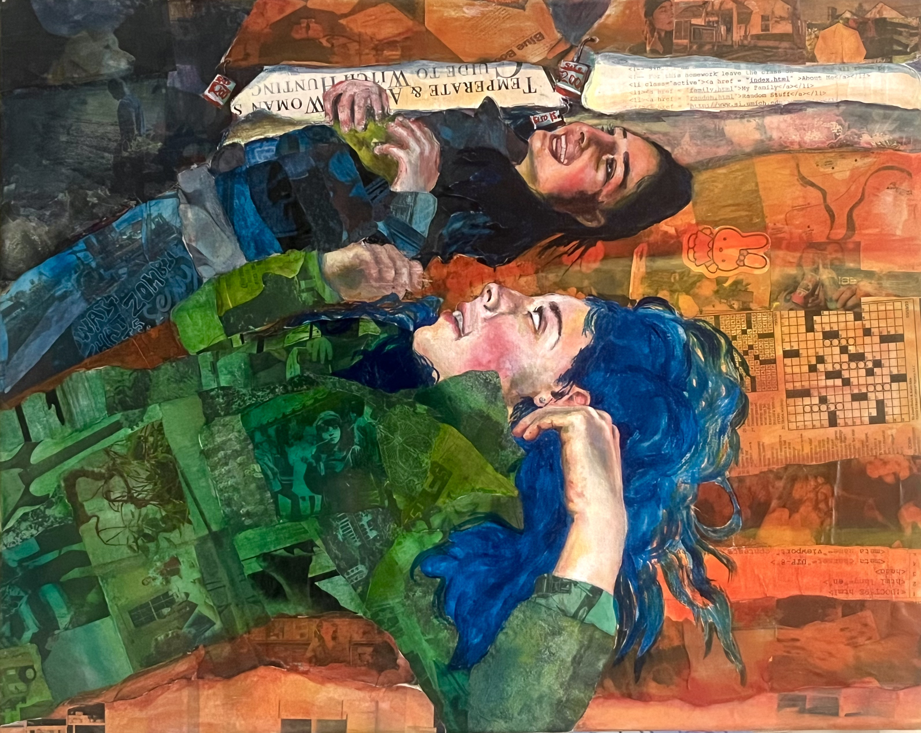 2 girls orange and green adn blue, collage painting laying on bed