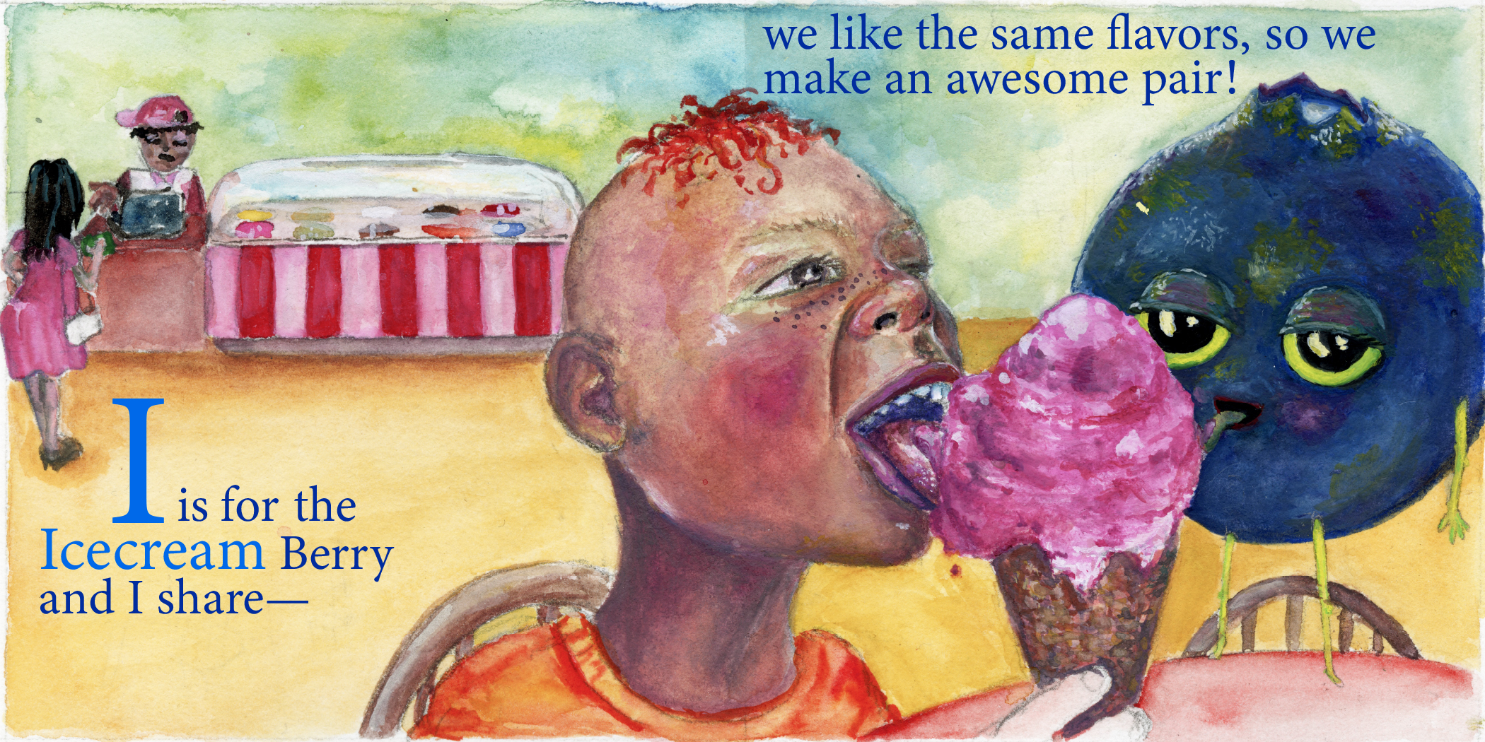  imae of boy and Berry licking icecream at icecream shop, text: I is for the icecream Berry and I share-we like the same flavors, so we make an awesome pair!