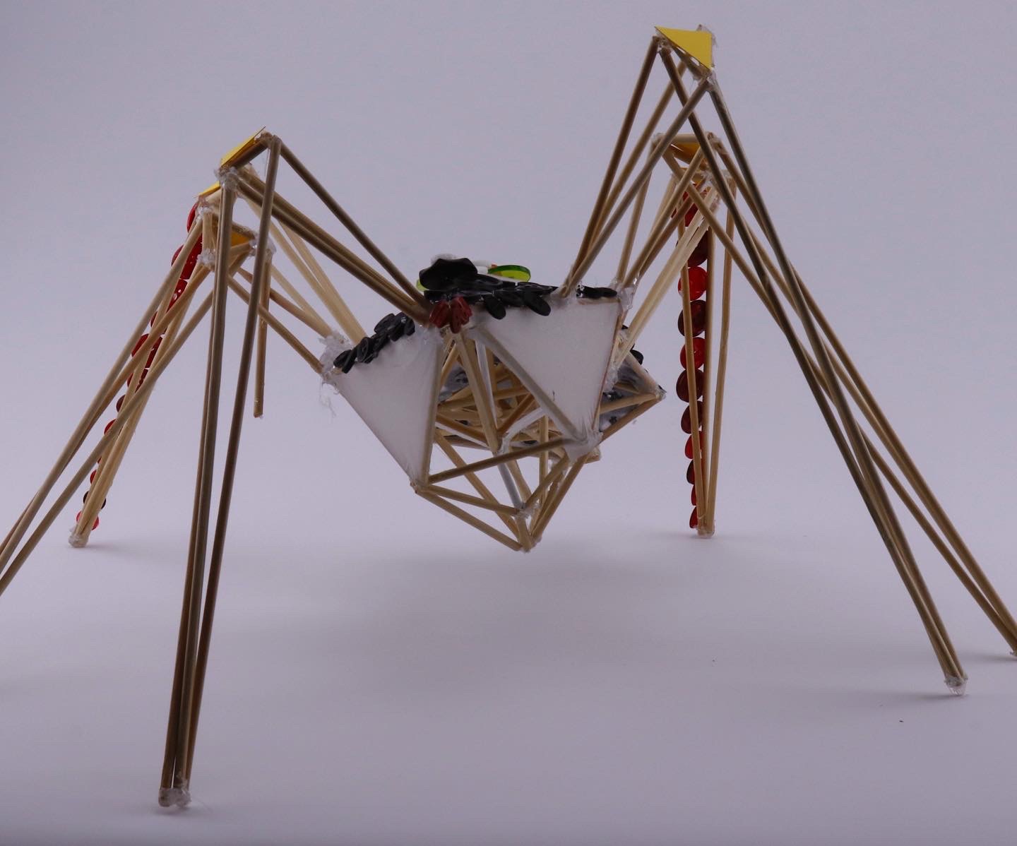 spider scultpure of wood skewers, buttons, two red legs, pattern, googley eyes.