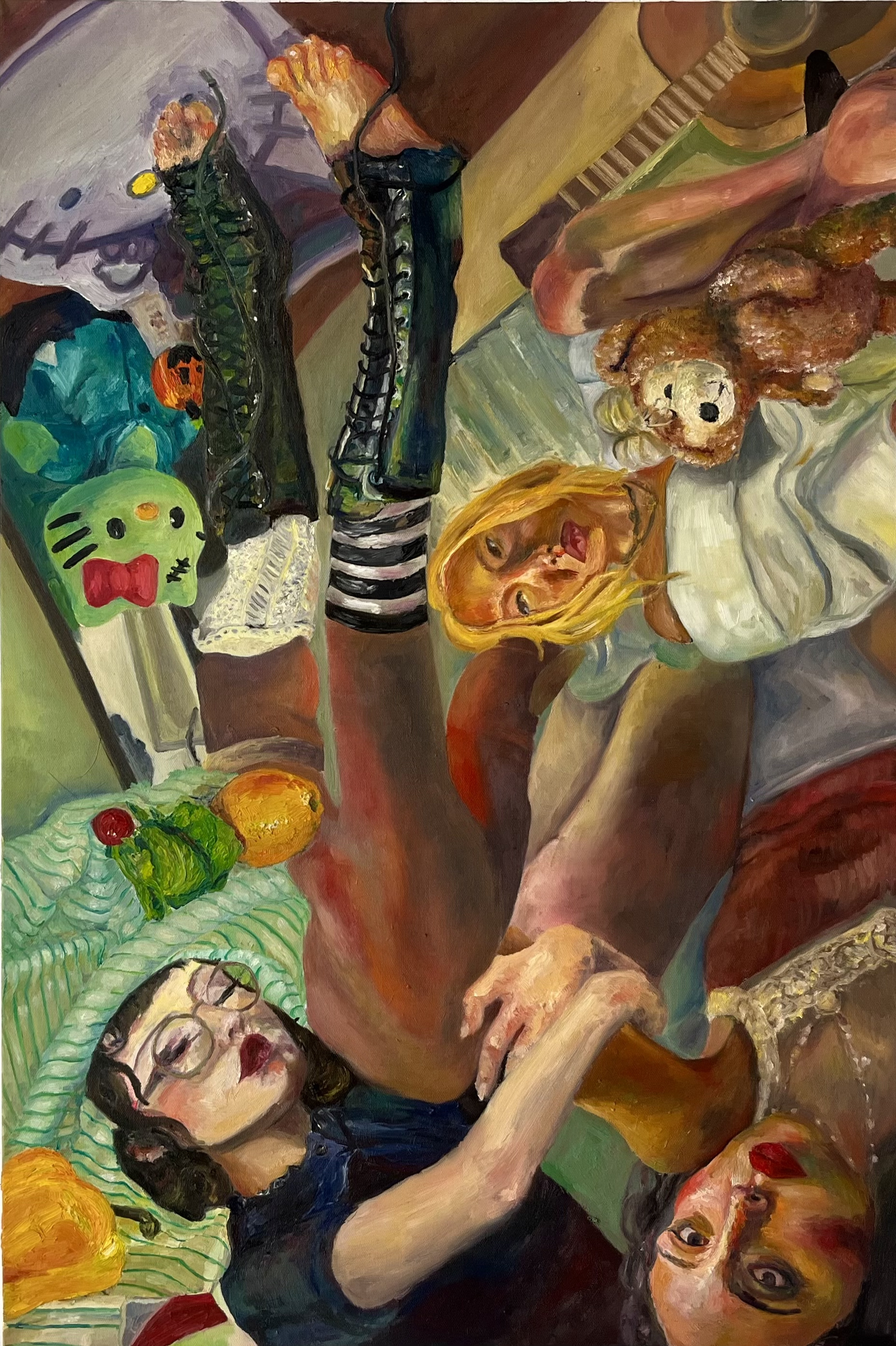 painting of women and toys, fruit, Hello Kitty surrealism